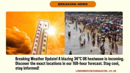 The UK weather forecast shows the precise locations of the upcoming 168-hour, 34 degree celsius heatwave UK Heatwave